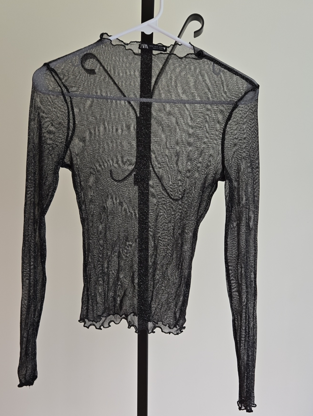 ZARA Black Sheer Long-Sleeve Mesh Top with Lettuce Hem